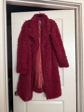 Burgundy faux fur knee length jacket